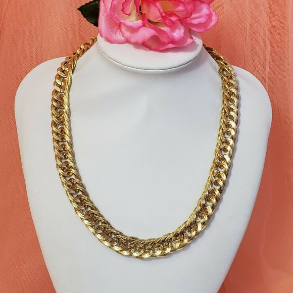 Gold Tone Link Thick Choker Statement Necklace Chic Collar Runway Chain 20" - Picture 1 of 11